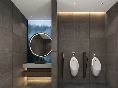 Public Toilet Interior With Modern Design Gray Tiled Walls Round Illuminated Mirror Washbasin And Urinals 3d model