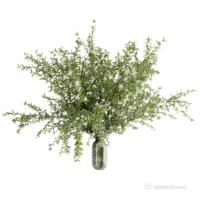 Decorative Floral Arrangement with Green Foliage and Small White Flowers in Textured Glass Vase 3d model 