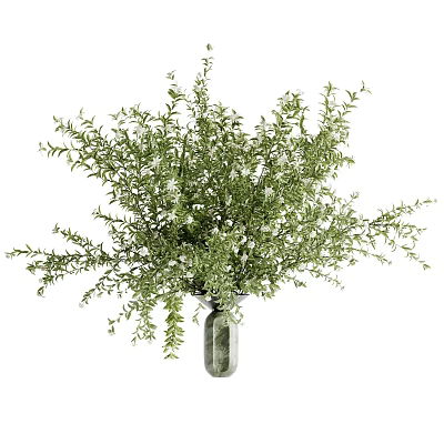 Decorative Floral Arrangement with Green Foliage and Small White Flowers in Textured Glass Vase 3d model