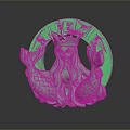 Green 3D Printed Starfish Themed Circular Badge With Mermaid Figure And Fish Tails Design
