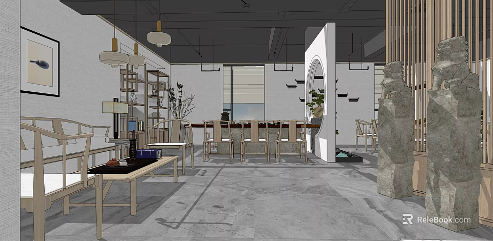 Modern Office Open Layout With Bookshelves Tables Chairs Pendant Lights Green Plants And Minimalist Design 3d model 