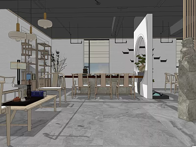 Modern Office Open Layout With Bookshelves Tables Chairs Pendant Lights Green Plants And Minimalist Design 3d model