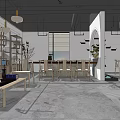 Modern Office Open Layout With Bookshelves Tables Chairs Pendant Lights Green Plants And Minimalist Design