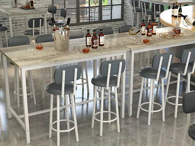 Stylish Bar Interior With Long Counter Wine Bottles And Gray Bar Stools 3d model