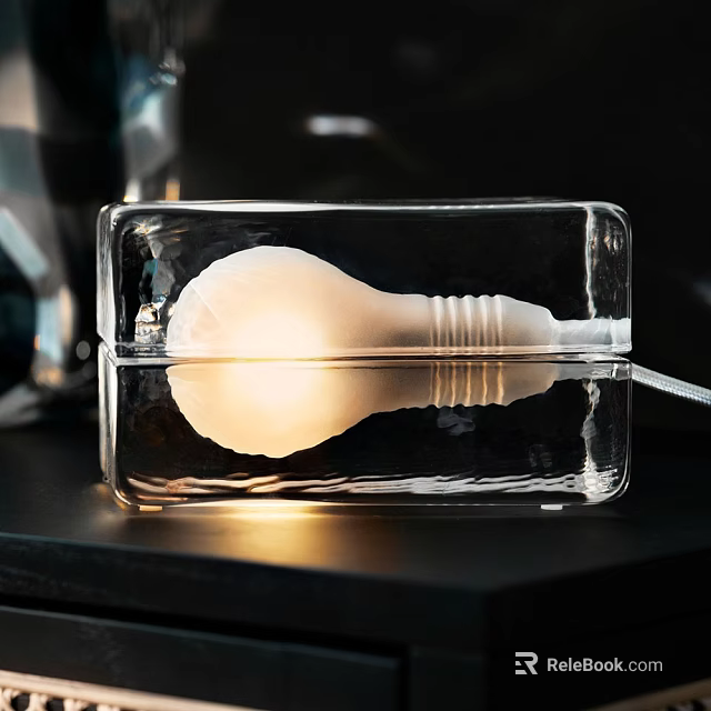 Illuminated Transparent Glass Table Lamp With Bulb Inside And Rectangular Design On Black Tabletop 3d model 