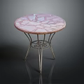 Round Furniture Table with Pink White Patterned Top and Ornate Metal Legs