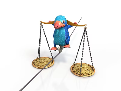Blue Bird Balancing on Rope with Gold Coins in Balance Scale Trays 3d model