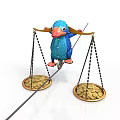 Blue Bird Balancing on Rope with Gold Coins in Balance Scale Trays