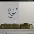 Beige Multi Person Sofa With Green Cushions And Abstract Line Art In Modern Living Room