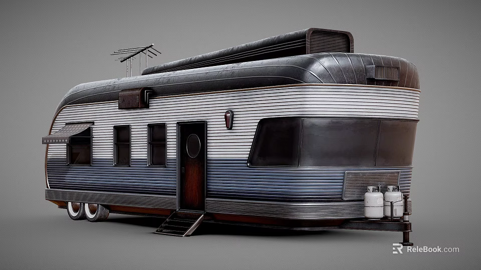 Vintage Streamlined Bus With Striped Black Silver Exterior And Classic Windows 3d model 