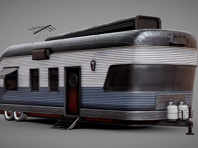 Vintage Streamlined Bus With Striped Black Silver Exterior And Classic Windows 3d model