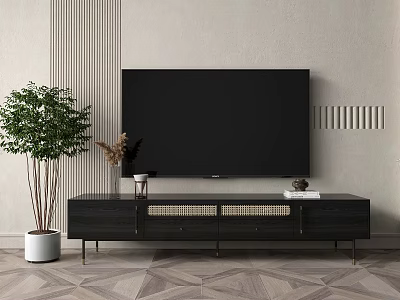 Modern Black TV Stand with Metal Legs Woven Doors and TV Potted Plant Decorative Items 3d model