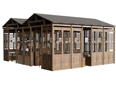 Ancient Wooden Architecture with Connected Corridors Glass Windows and Gray Roof Tiles 3d model