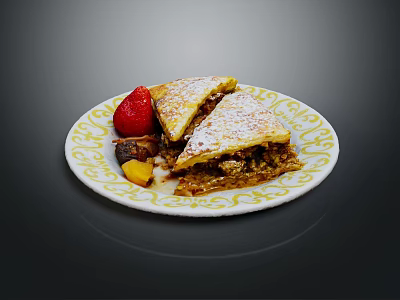 Delicious Fruit Pie Topped With Powdered Sugar And Fresh Strawberry On Decorative Plate 3d model