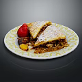 Delicious Fruit Pie Topped With Powdered Sugar And Fresh Strawberry On Decorative Plate
