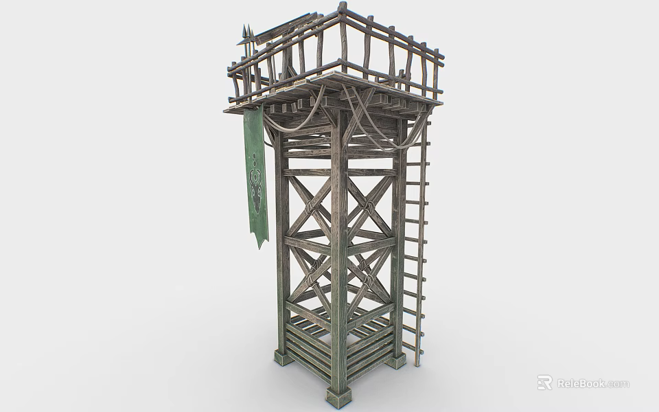 Rustic Wooden Tower With Crossbeam Structure Ladder Platform And Green Banner 3d model 