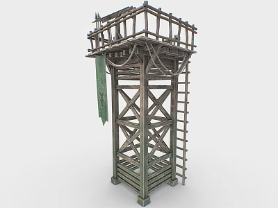 Rustic Wooden Tower With Crossbeam Structure Ladder Platform And Green Banner 3d model