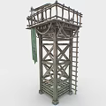 Rustic Wooden Tower With Crossbeam Structure Ladder Platform And Green Banner 3d model