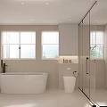 Modern Bathroom Interior With Glass Shower Partition Washing Machine Vanity Mirror And Storage Cabinets