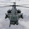 Military Helicopter Airborne in Cloudy Sky with Spinning Rotors and Aerodynamic Fuselage