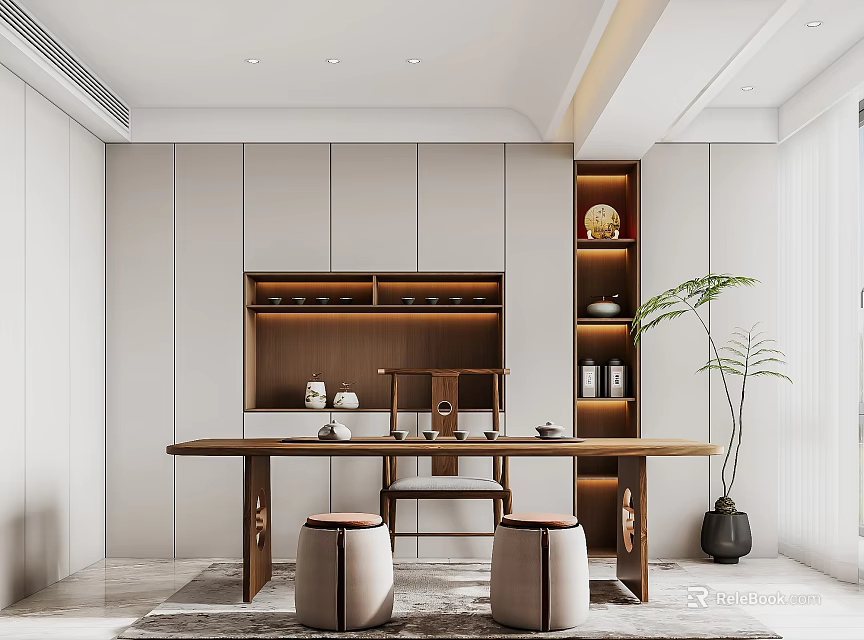 Modern Tea Room With Wooden Table Cabinets And Green Plant 3d model 