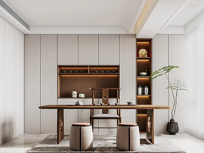 Modern Tea Room With Wooden Table Cabinets And Green Plant 3d model