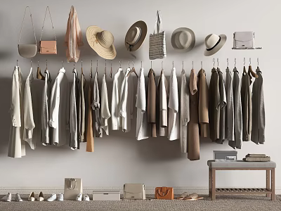 Clothes Display With Hanging Apparel Hats Bags And Shoes On Wall 3d model