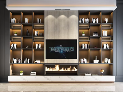 Elegant Modern TV Wall Unit With Bookshelves Fireplace TV And Decorative Items 3d model