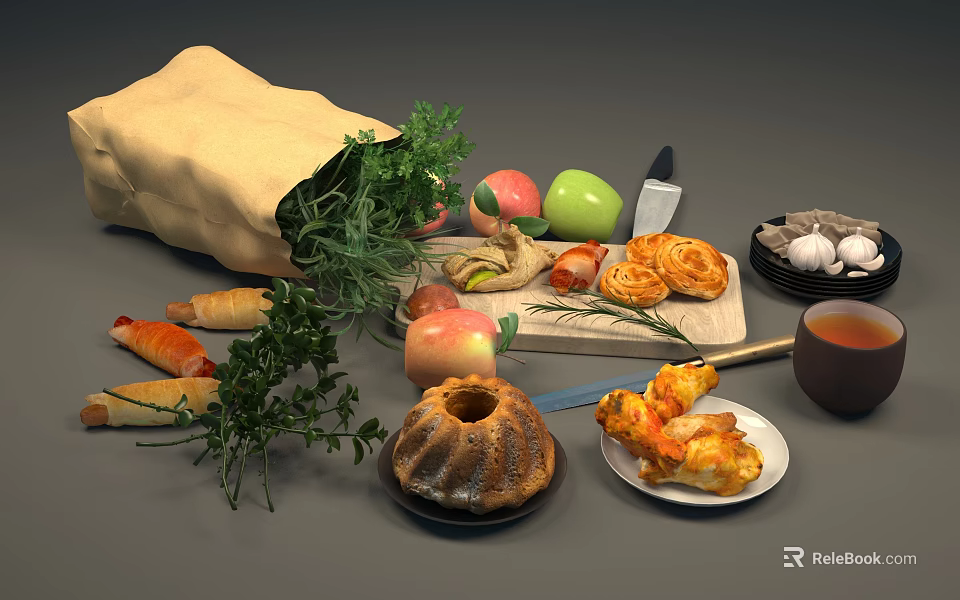 Fresh Apples Bananas Garlic Bread Rolls Bundt Cake And Parsley Pastries 3d model 