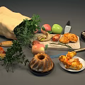 Fresh Apples Bananas Garlic Bread Rolls Bundt Cake And Parsley Pastries