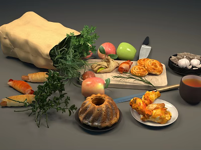 Fresh Apples Bananas Garlic Bread Rolls Bundt Cake And Parsley Pastries 3d model