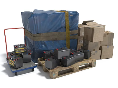 Industrial Equipment With Batteries On Wooden Pallet Hand Truck Cardboard Boxes And Blue Covered Package 3d model