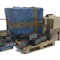 Industrial Equipment With Batteries On Wooden Pallet Hand Truck Cardboard Boxes And Blue Covered Package