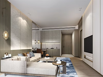 Elegant Modern Hotel Guest Room Interior With Comfortable Sofa Coffee Table TV And Decorative Lighting 3d model