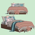 Single Bed with Pink Light Blue Gray Bedding Star Shaped Pillows and Stuffed Toys