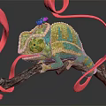 Colorful Chameleon With Green Yellow Stripes And Purple Flower On Tree Branch With Pink Ribbons