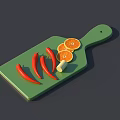 Green Kitchen Cutting Board With Orange Slices And Red Chili Peppers