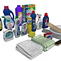 Laundry and Household Cleaning Supplies With Detergent Bottles Cleaning Sprays Sponges Dishcloths And Washing Basin