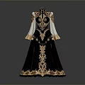 Elegant Black Dress With High Neck White Sleeves And Gold Patterns