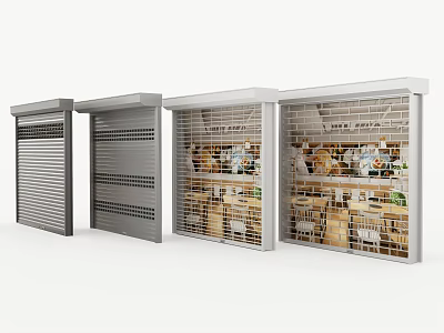 Varied Retail Shopfront Designs Featuring Roller Shutters Grid Doors And Glass Displays 3d model
