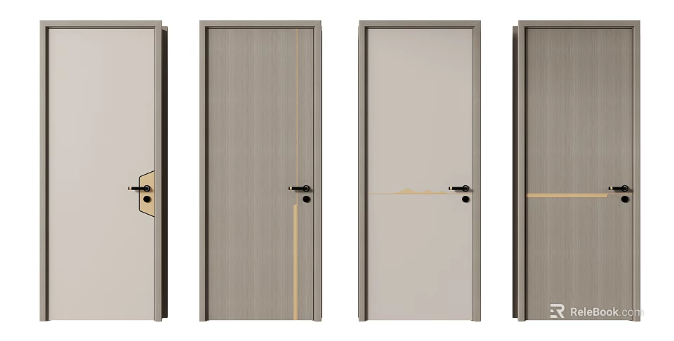 Modern Minimalist Hinged Swing Doors Featuring Wood Grain and Metal Strip Details 3d model 