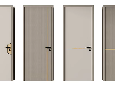 Modern Minimalist Hinged Swing Doors Featuring Wood Grain and Metal Strip Details 3d model
