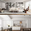 Modern Living Dining Room Interior With White Bookshelves Beige Sofa And Wooden Coffee Table
