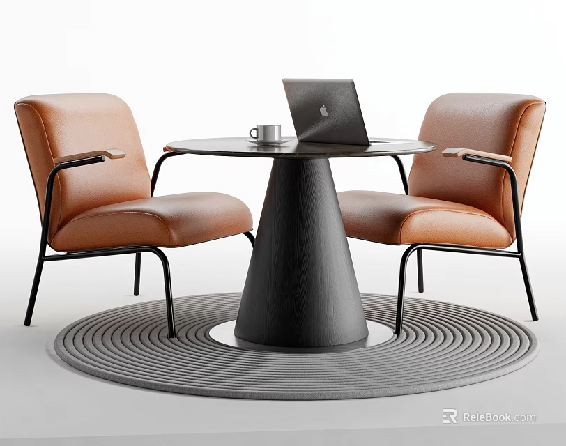 Modern Black Round Table With Brown Leather Chairs Black Metal Frames And Gray Rug 3d model 