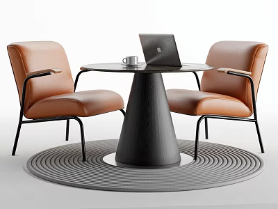 Modern Black Round Table With Brown Leather Chairs Black Metal Frames And Gray Rug 3d model