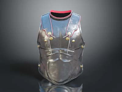 Ancient Metallic Armor Vest With Red Trim And Golden Decorative Buttons 3d model