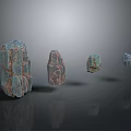 Various Textured Wood Stone Pieces In Different Shapes On Gray Background With Reflections 3d model