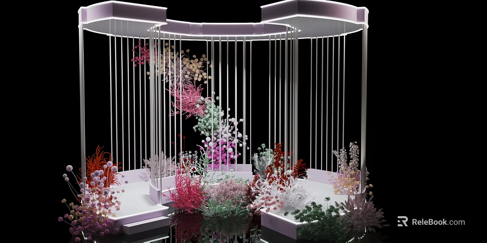Floral Installation Design with White Frame Structure Hanging Vertical Lines and Colorful Flowers 3d model 