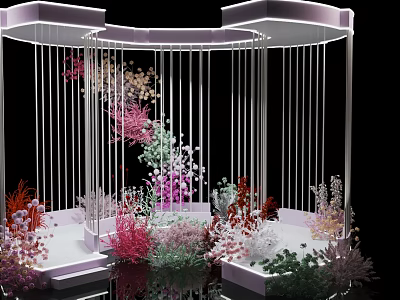 Floral Installation Design with White Frame Structure Hanging Vertical Lines and Colorful Flowers 3d model