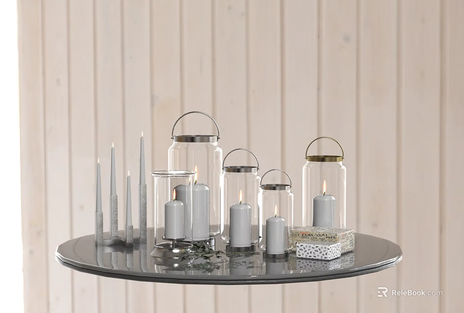 Candle Lanterns With Glass Jars Metal Candles On Black Round Tray Light Wooden Background 3d model 